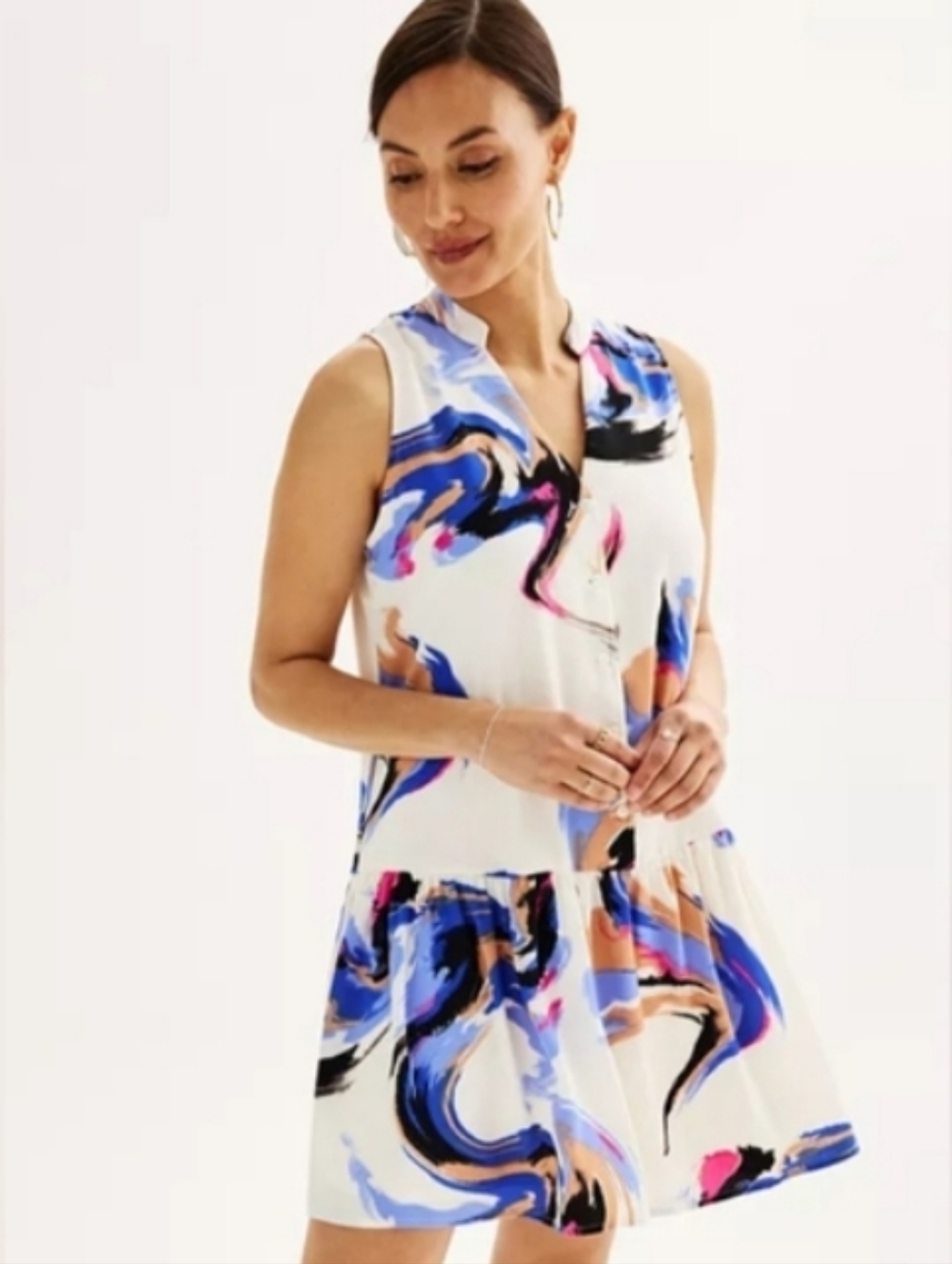 Nine West White Abstract Print Button-Front Ruffle Hem Dress Summer Size M